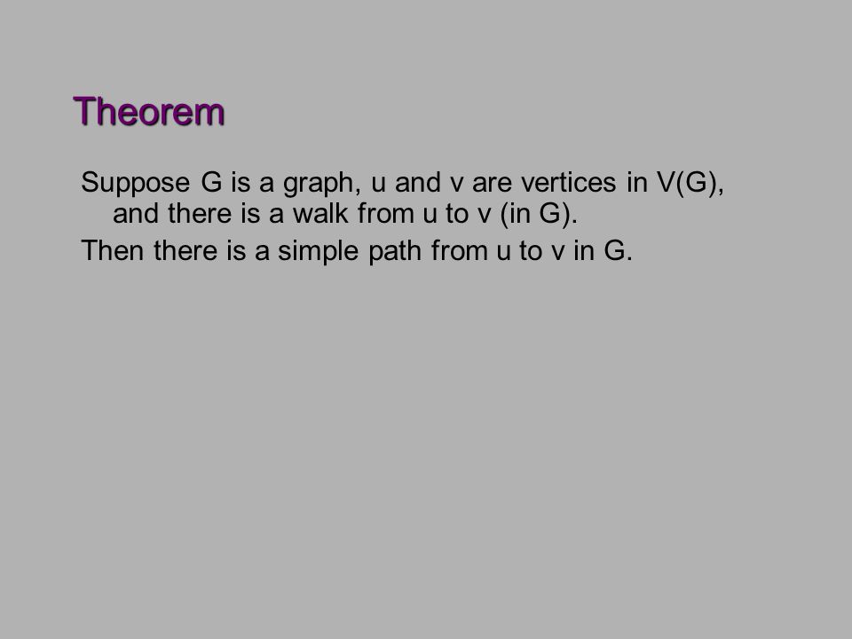 Theorem Suppose G is a graph, u and v are vertices in V(G), and there is a walk from u to v (in G).