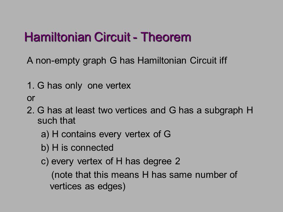 Hamiltonian Circuit - Theorem A non-empty graph G has Hamiltonian Circuit iff 1.