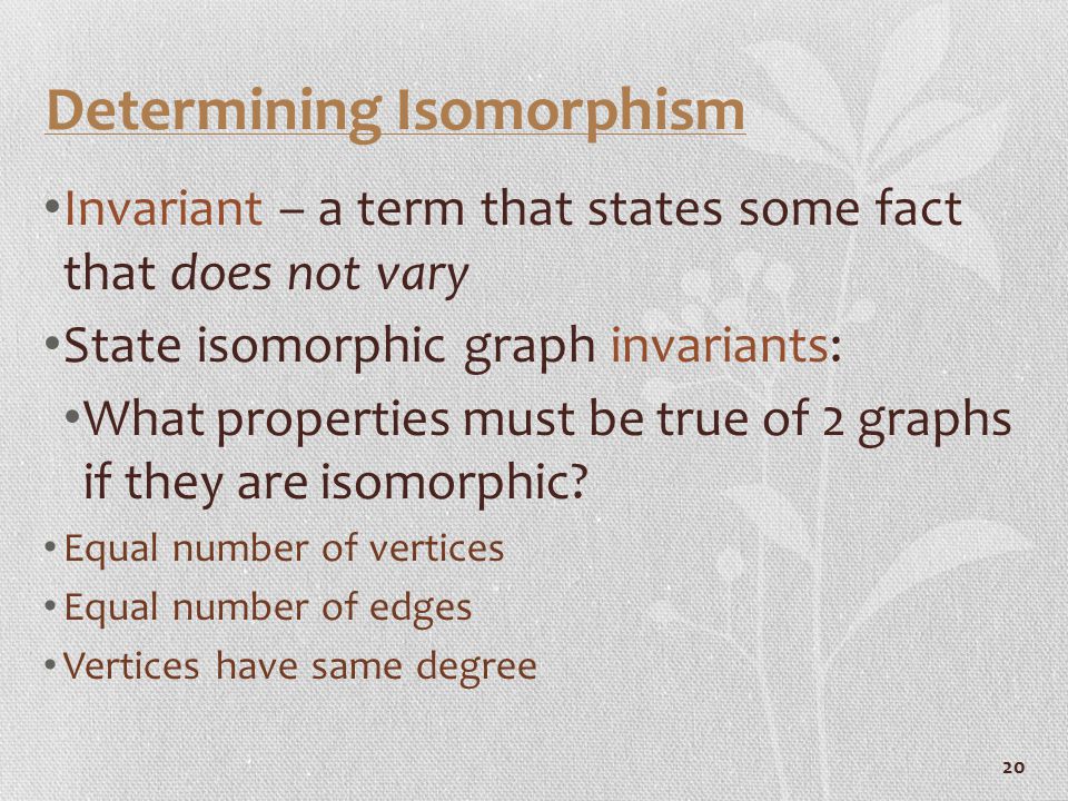 20 Determining Isomorphism Invariant – a term that states some fact that does not vary State isomorphic graph invariants: What properties must be true of 2 graphs if they are isomorphic.