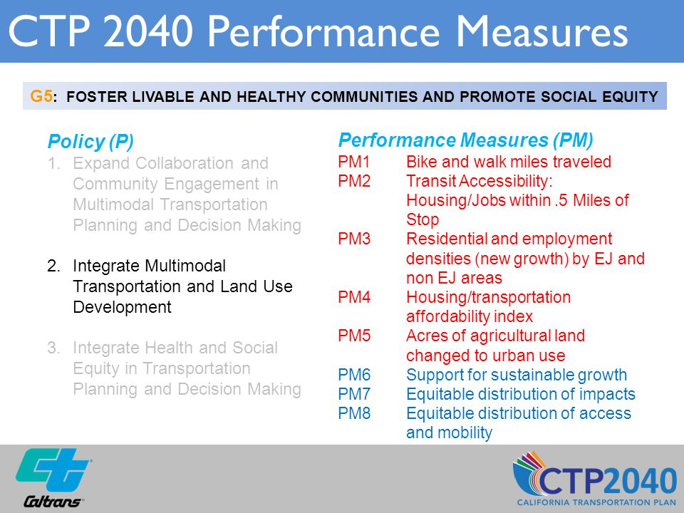 CTP 2040 Performance Measures G5 : FOSTER LIVABLE AND HEALTHY COMMUNITIES AND PROMOTE SOCIAL EQUITY Policy (P) 1.Expand Collaboration and Community Engagement in Multimodal Transportation Planning and Decision Making 2.Integrate Multimodal Transportation and Land Use Development 3.Integrate Health and Social Equity in Transportation Planning and Decision Making Performance Measures (PM) PM1 Bike and walk miles traveled PM2Transit Accessibility: Housing/Jobs within.5 Miles of Stop PM3Residential and employment densities (new growth) by EJ and non EJ areas PM4Housing/transportation affordability index PM5Acres of agricultural land changed to urban use PM6Support for sustainable growth PM7Equitable distribution of impacts PM8Equitable distribution of access and mobility