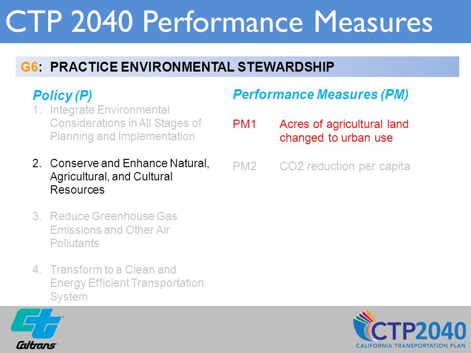 CTP 2040 Performance Measures G6: PRACTICE ENVIRONMENTAL STEWARDSHIP Policy (P) 1.Integrate Environmental Considerations in All Stages of Planning and Implementation 2.Conserve and Enhance Natural, Agricultural, and Cultural Resources 3.Reduce Greenhouse Gas Emissions and Other Air Pollutants 4.Transform to a Clean and Energy Efficient Transportation System Performance Measures (PM) PM1 Acres of agricultural land changed to urban use PM2CO2 reduction per capita