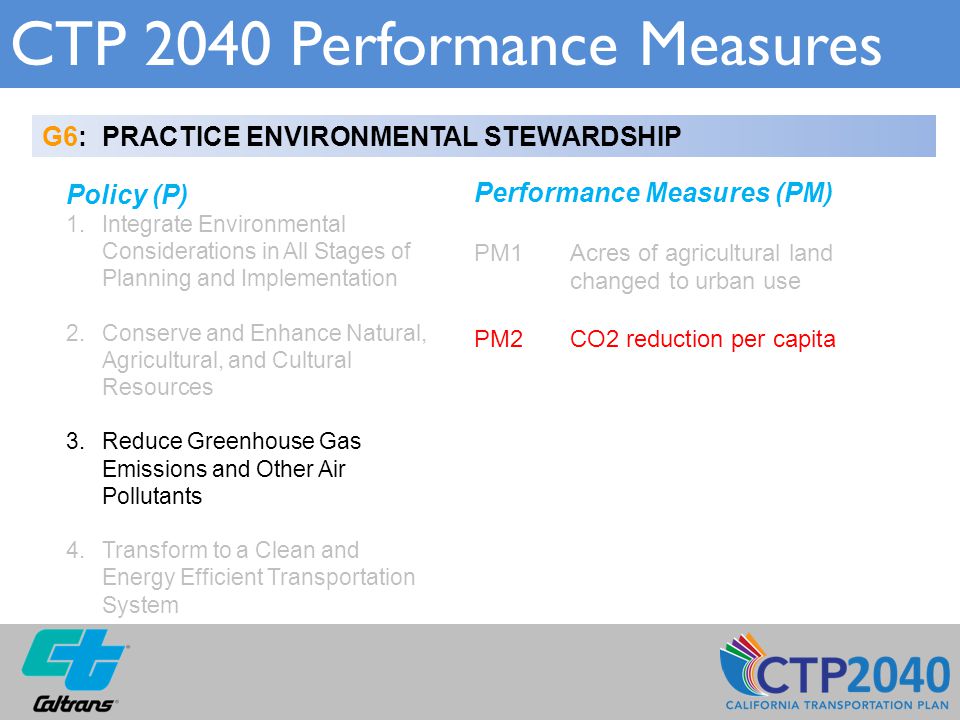 CTP 2040 Performance Measures G6: PRACTICE ENVIRONMENTAL STEWARDSHIP Policy (P) 1.Integrate Environmental Considerations in All Stages of Planning and Implementation 2.Conserve and Enhance Natural, Agricultural, and Cultural Resources 3.Reduce Greenhouse Gas Emissions and Other Air Pollutants 4.Transform to a Clean and Energy Efficient Transportation System Performance Measures (PM) PM1 Acres of agricultural land changed to urban use PM2CO2 reduction per capita