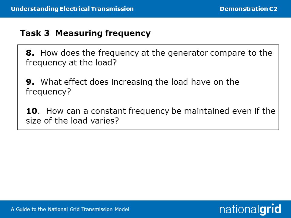 Understanding Electrical TransmissionDemonstration C2 A Guide to the National Grid Transmission Model Task 3 Measuring frequency 8.