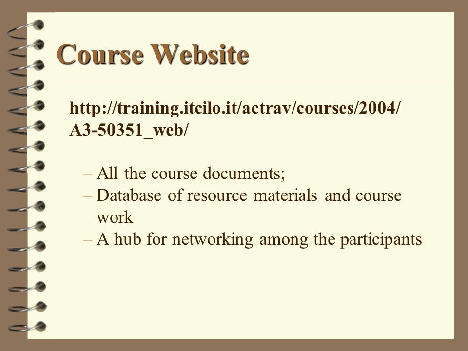 Course Website   A _web/ –All the course documents; –Database of resource materials and course work –A hub for networking among the participants
