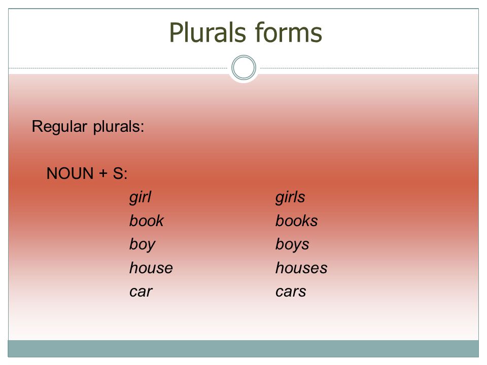 Plurals forms Regular plurals: NOUN + S: girlgirls bookbooks boyboys househouses carcars