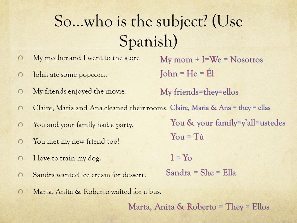 So…who is the subject. (Use Spanish) My mother and I went to the store John ate some popcorn.