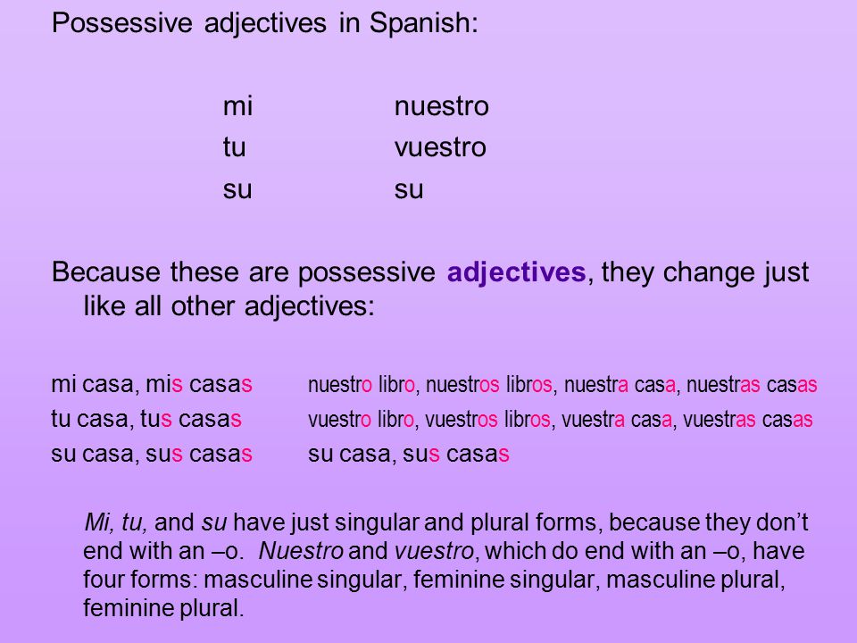 Possessive adjectives in Spanish: minuestro tuvuestrosu Because these are possessive adjectives, they change just like all other adjectives: mi casa, mis casas nuestro libro, nuestros libros, nuestra casa, nuestras casas tu casa, tus casas vuestro libro, vuestros libros, vuestra casa, vuestras casas su casa, sus casassu casa, sus casas Mi, tu, and su have just singular and plural forms, because they don’t end with an –o.