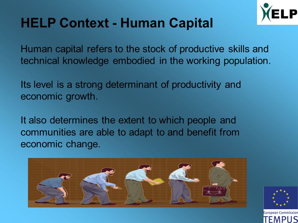 HELP Context - Human Capital Human capital refers to the stock of productive skills and technical knowledge embodied in the working population.