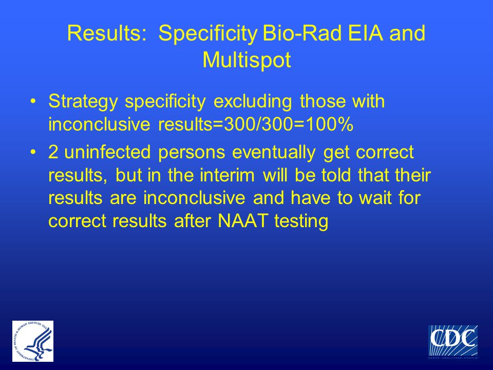 Results: Specificity Bio-Rad EIA and Multispot Strategy specificity excluding those with inconclusive results=300/300=100% 2 uninfected persons eventually get correct results, but in the interim will be told that their results are inconclusive and have to wait for correct results after NAAT testing
