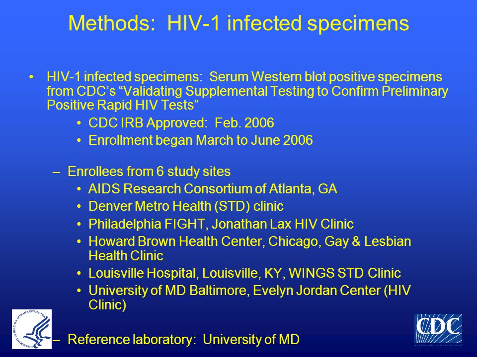 Methods: HIV-1 infected specimens HIV-1 infected specimens: Serum Western blot positive specimens from CDC’s Validating Supplemental Testing to Confirm Preliminary Positive Rapid HIV Tests CDC IRB Approved: Feb.