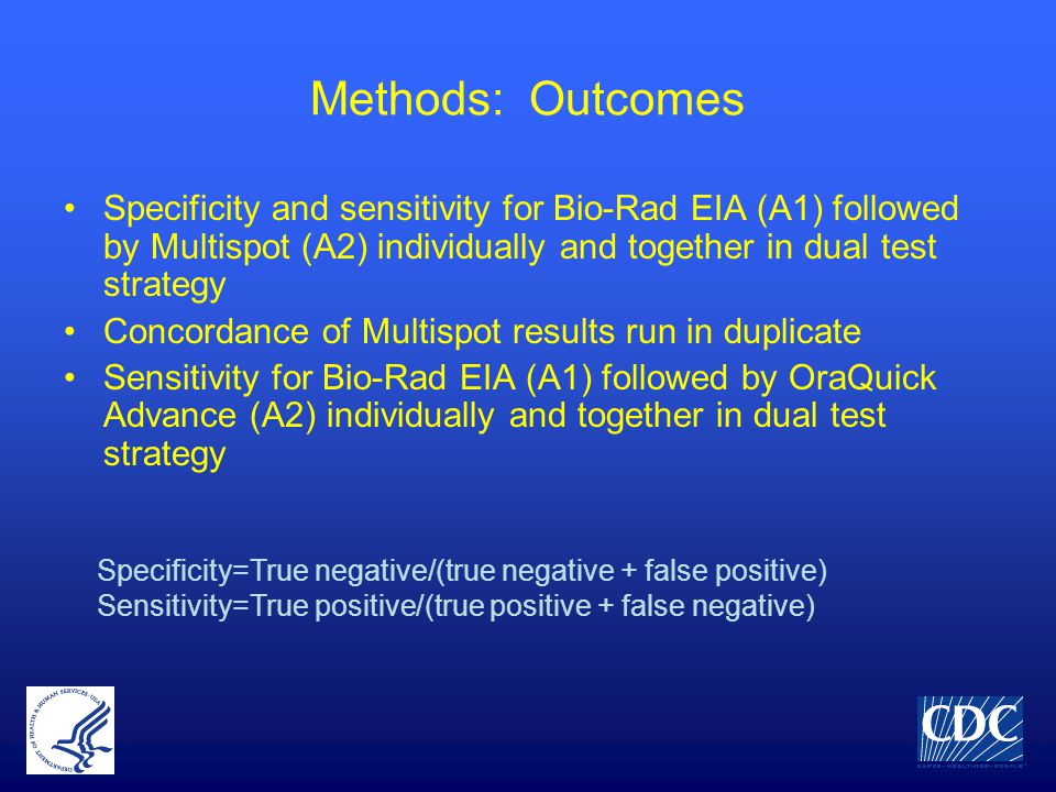 Methods: Outcomes Specificity and sensitivity for Bio-Rad EIA (A1) followed by Multispot (A2) individually and together in dual test strategy Concordance of Multispot results run in duplicate Sensitivity for Bio-Rad EIA (A1) followed by OraQuick Advance (A2) individually and together in dual test strategy Specificity=True negative/(true negative + false positive) Sensitivity=True positive/(true positive + false negative)