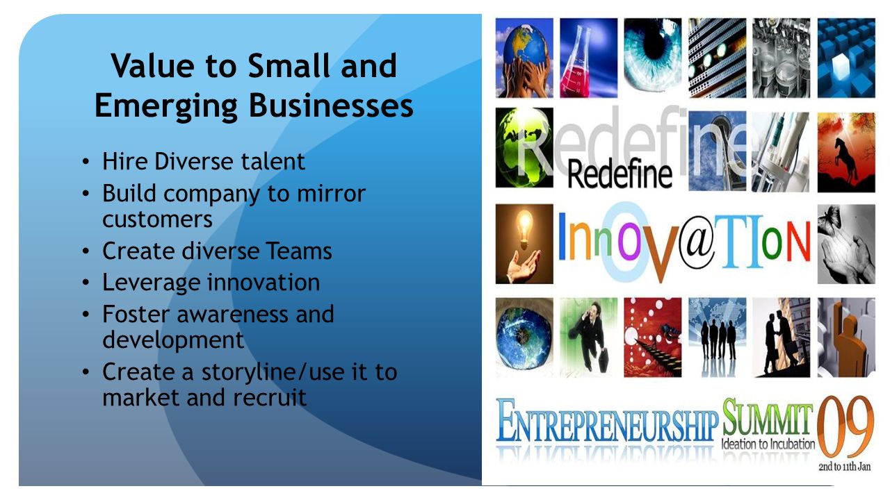 Value to Small and Emerging Businesses Hire Diverse talent Build company to mirror customers Create diverse Teams Leverage innovation Foster awareness and development Create a storyline/use it to market and recruit