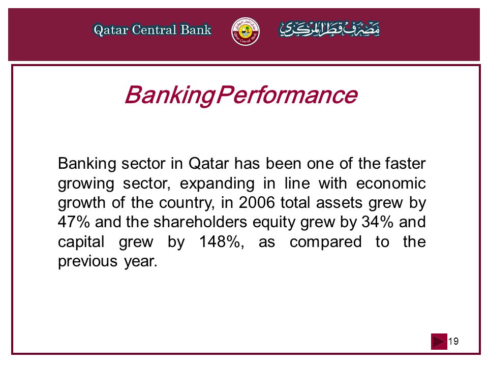 19 Banking Performance Banking sector in Qatar has been one of the faster growing sector, expanding in line with economic growth of the country, in 2006 total assets grew by 47% and the shareholders equity grew by 34% and capital grew by 148%, as compared to the previous year.