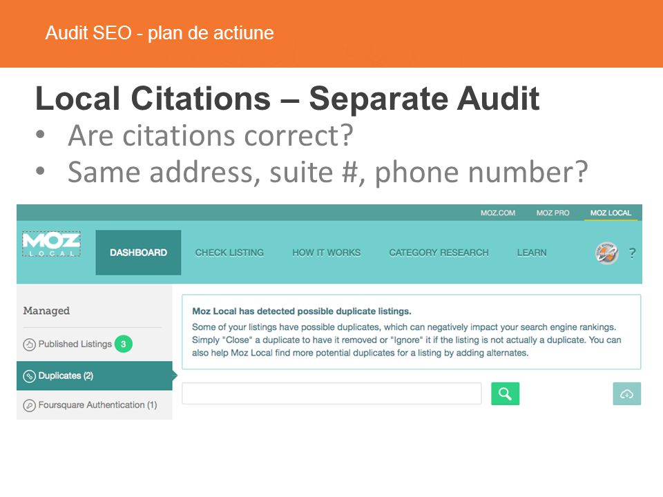 Audit SEO - plan de actiune Local Citations – Separate Audit Are citations correct.