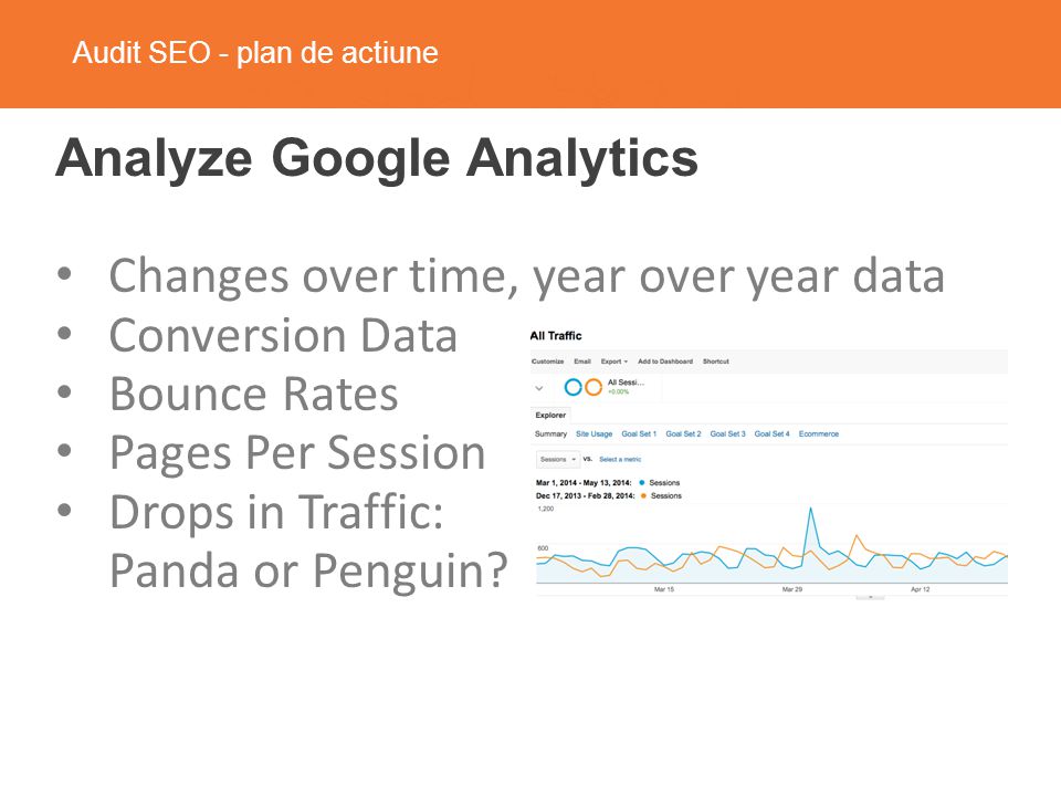Audit SEO - plan de actiune Analyze Google Analytics Changes over time, year over year data Conversion Data Bounce Rates Pages Per Session Drops in Traffic: Panda or Penguin