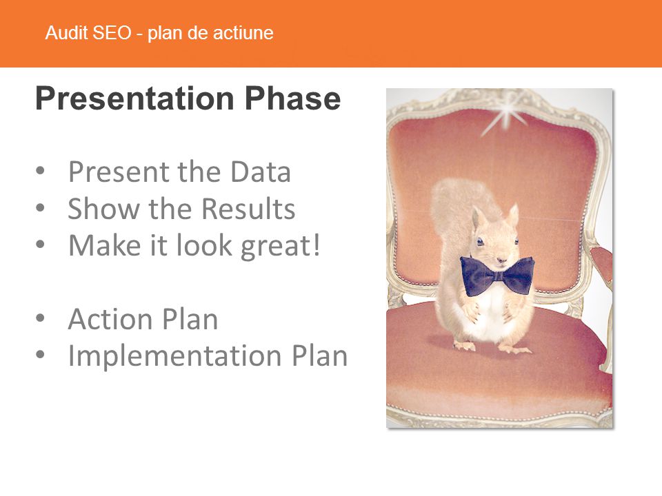 Audit SEO - plan de actiune Presentation Phase Present the Data Show the Results Make it look great.