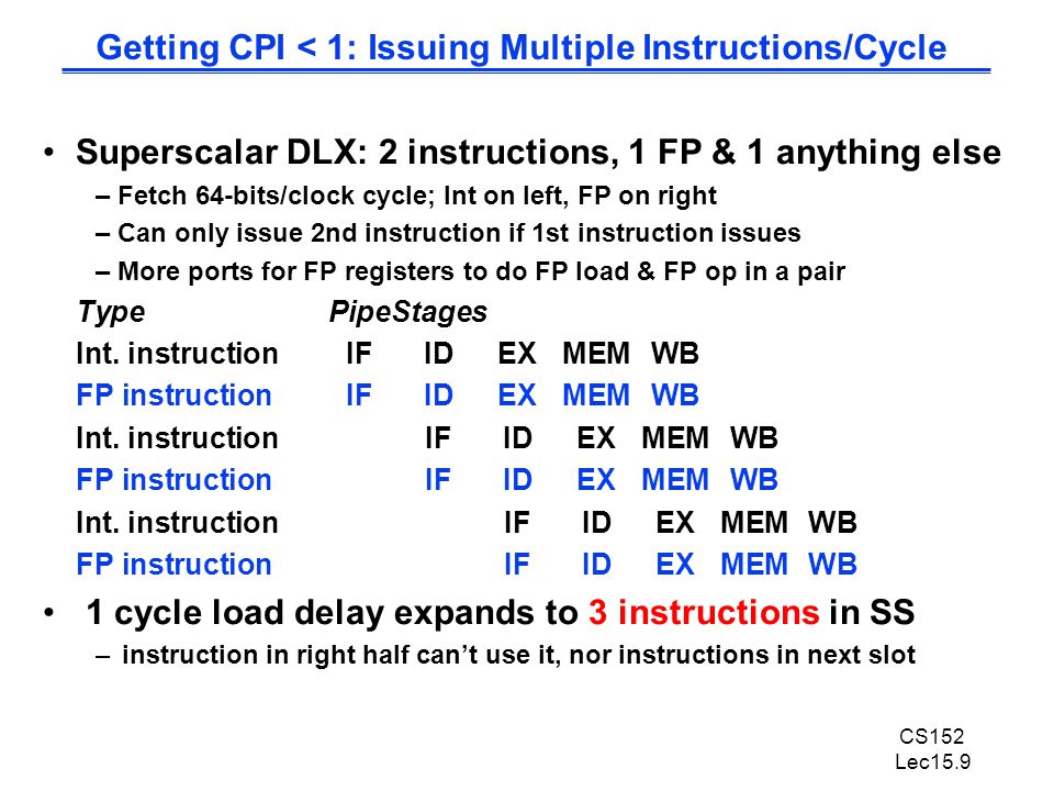 CS152 Lec15.9 Superscalar DLX: 2 instructions, 1 FP & 1 anything else – Fetch 64-bits/clock cycle; Int on left, FP on right – Can only issue 2nd instruction if 1st instruction issues – More ports for FP registers to do FP load & FP op in a pair TypePipeStages Int.