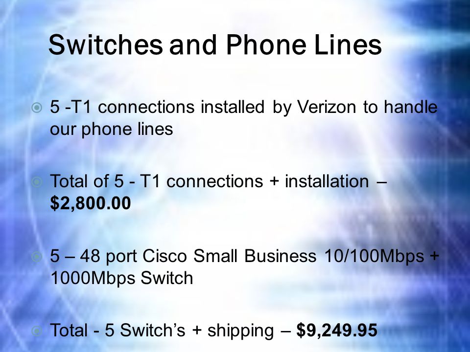 Switches and Phone Lines  5 -T1 connections installed by Verizon to handle our phone lines  Total of 5 - T1 connections + installation – $2,  5 – 48 port Cisco Small Business 10/100Mbps Mbps Switch  Total - 5 Switch’s + shipping – $9,249.95