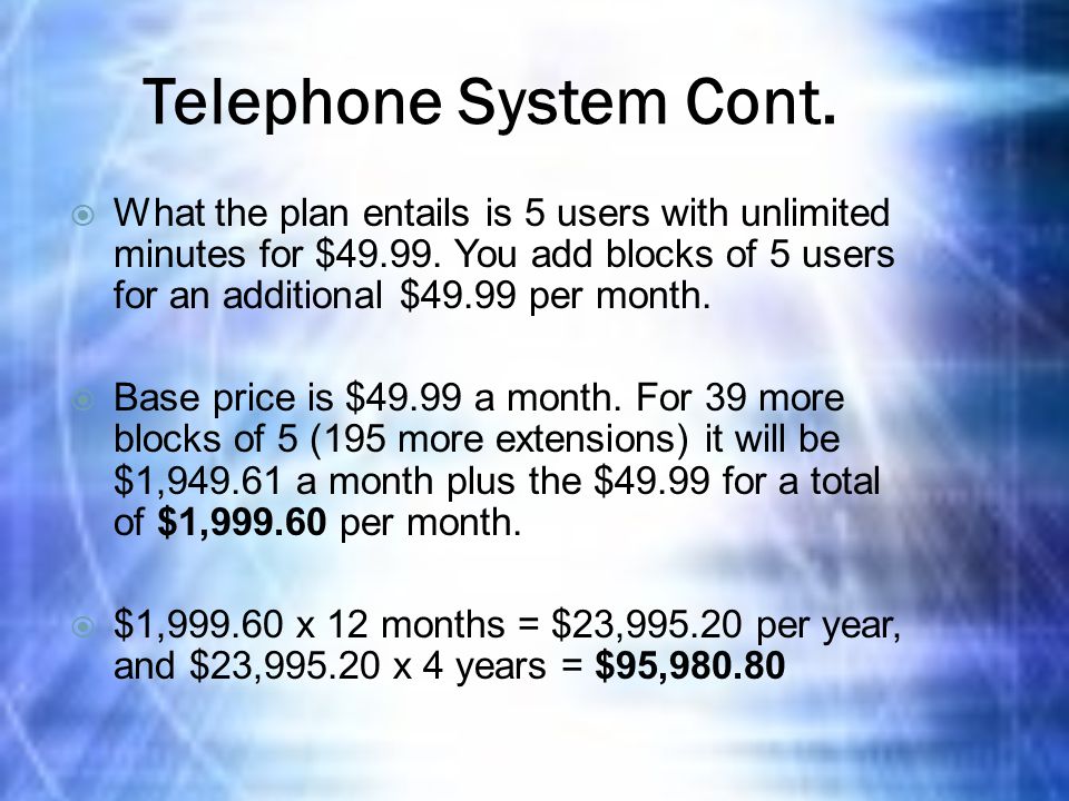 Telephone System Cont.  What the plan entails is 5 users with unlimited minutes for $