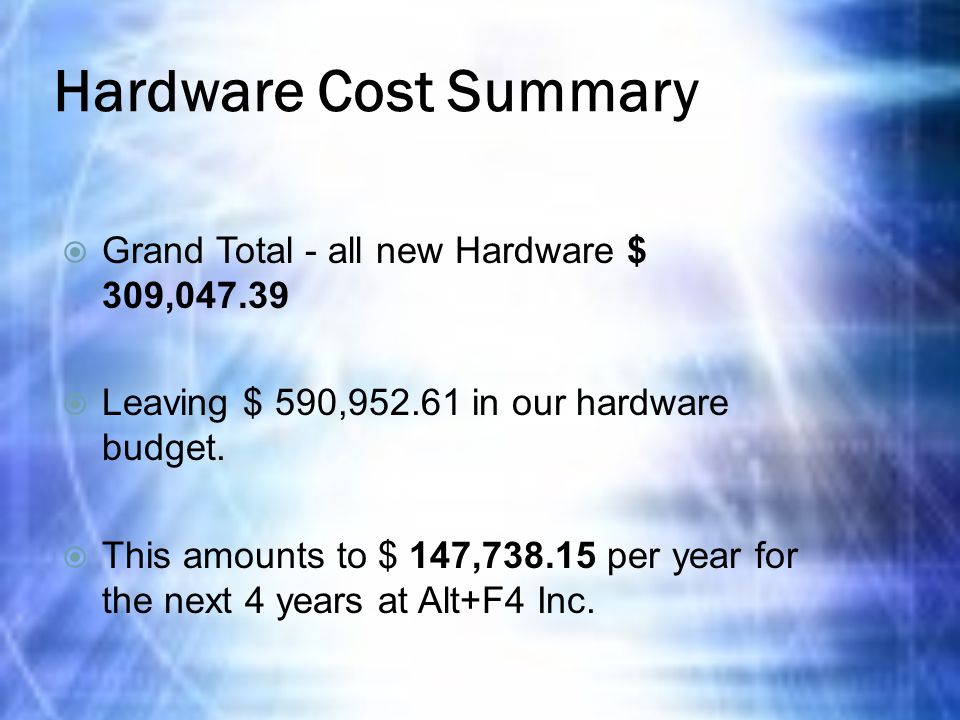Hardware Cost Summary  Grand Total - all new Hardware $ 309,  Leaving $ 590, in our hardware budget.
