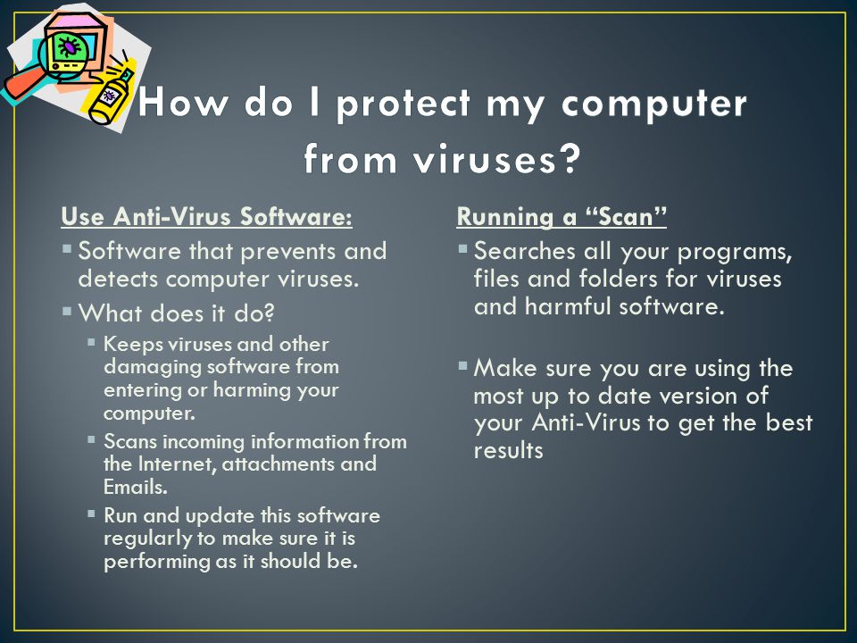 Use Anti-Virus Software:  Software that prevents and detects computer viruses.