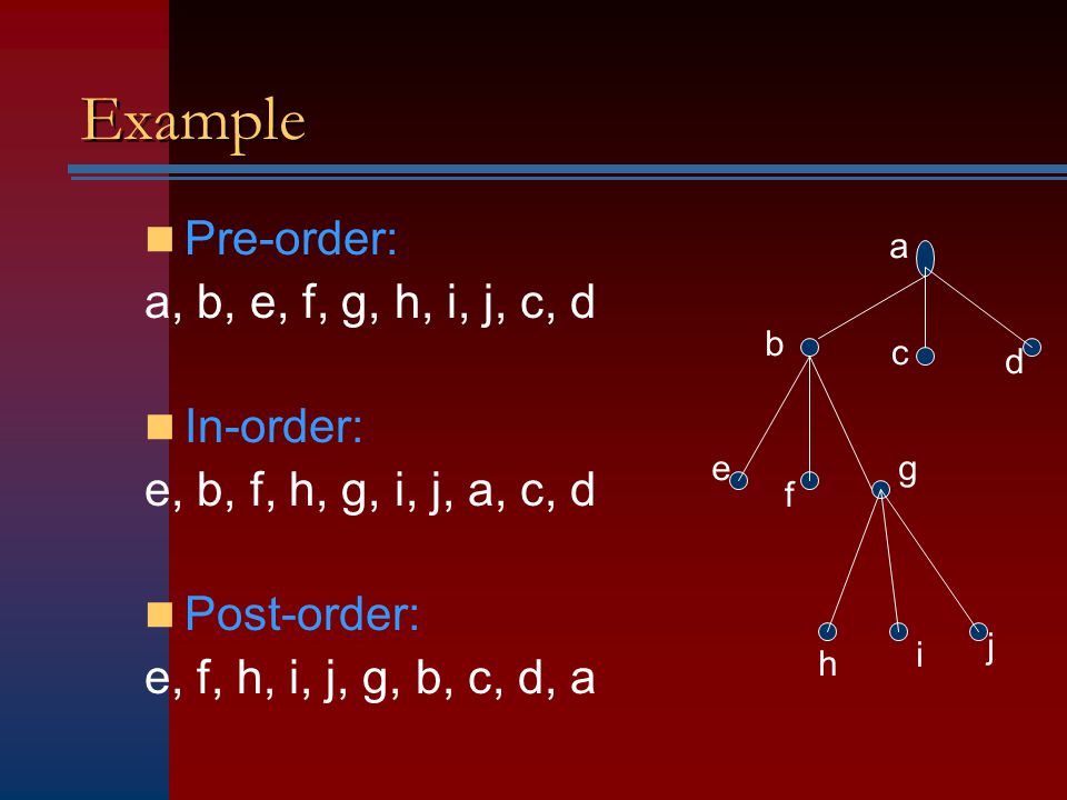Example Pre-order: a, b, e, f, g, h, i, j, c, d In-order: e, b, f, h, g, i, j, a, c, d Post-order: e, f, h, i, j, g, b, c, d, a a b c d e f g h i j
