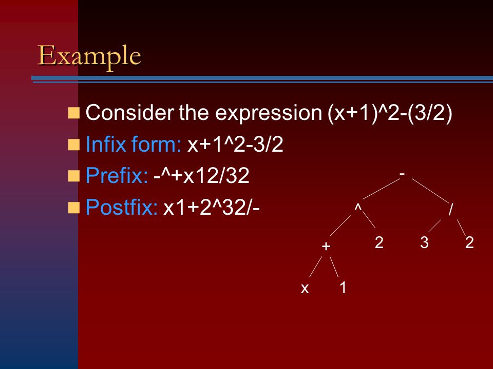 Example Consider the expression (x+1)^2-(3/2) Infix form: x+1^2-3/2 Prefix: -^+x12/32 Postfix: x1+2^32/- x ^/ -