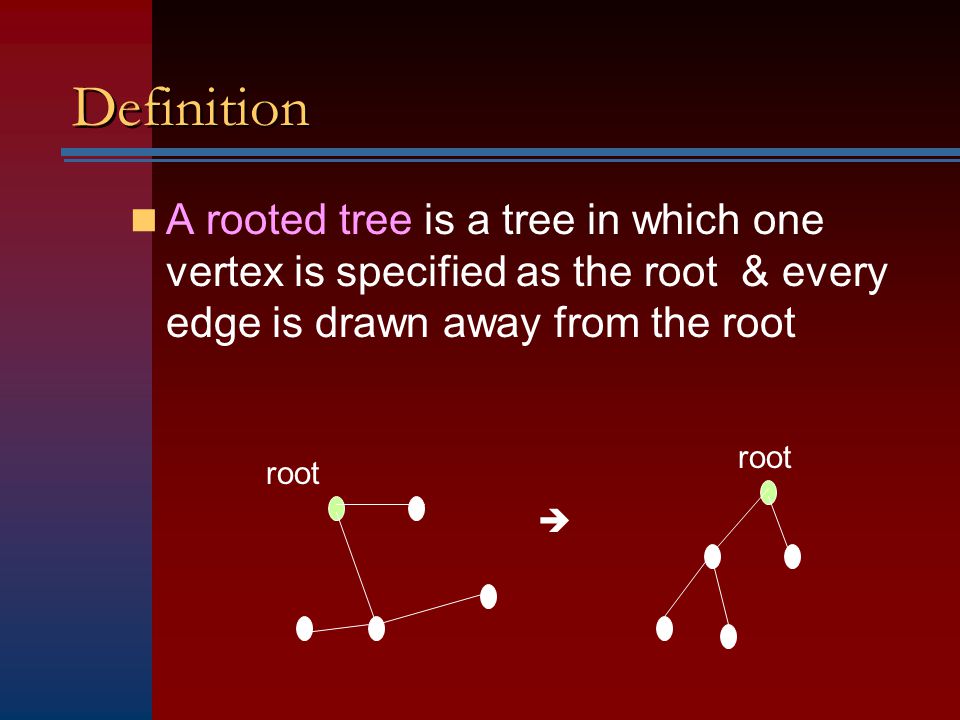 Definition A rooted tree is a tree in which one vertex is specified as the root & every edge is drawn away from the root  root