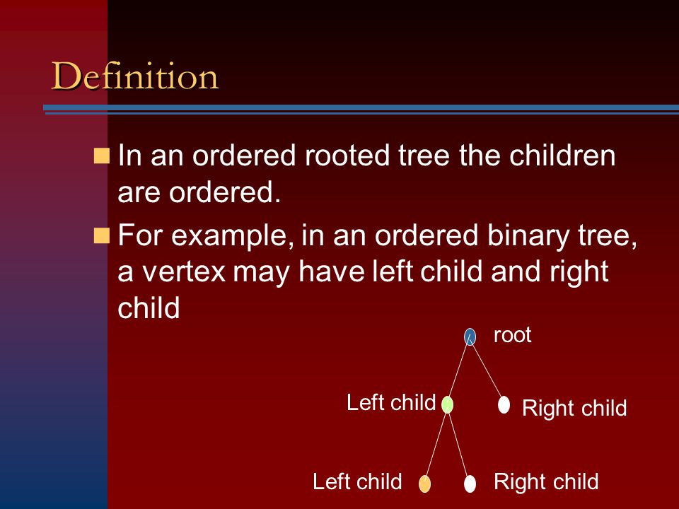 Definition In an ordered rooted tree the children are ordered.