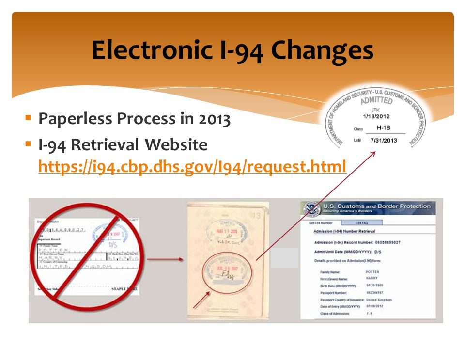  Paperless Process in 2013  I-94 Retrieval Website     Electronic I-94 Changes