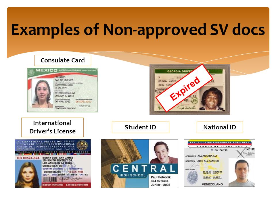 Examples of Non-approved SV docs International Driver’s License Expired Consulate Card National IDStudent ID