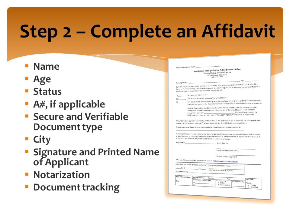 Step 2 – Complete an Affidavit  Name  Age  Status  A#, if applicable  Secure and Verifiable Document type  City  Signature and Printed Name of Applicant  Notarization  Document tracking