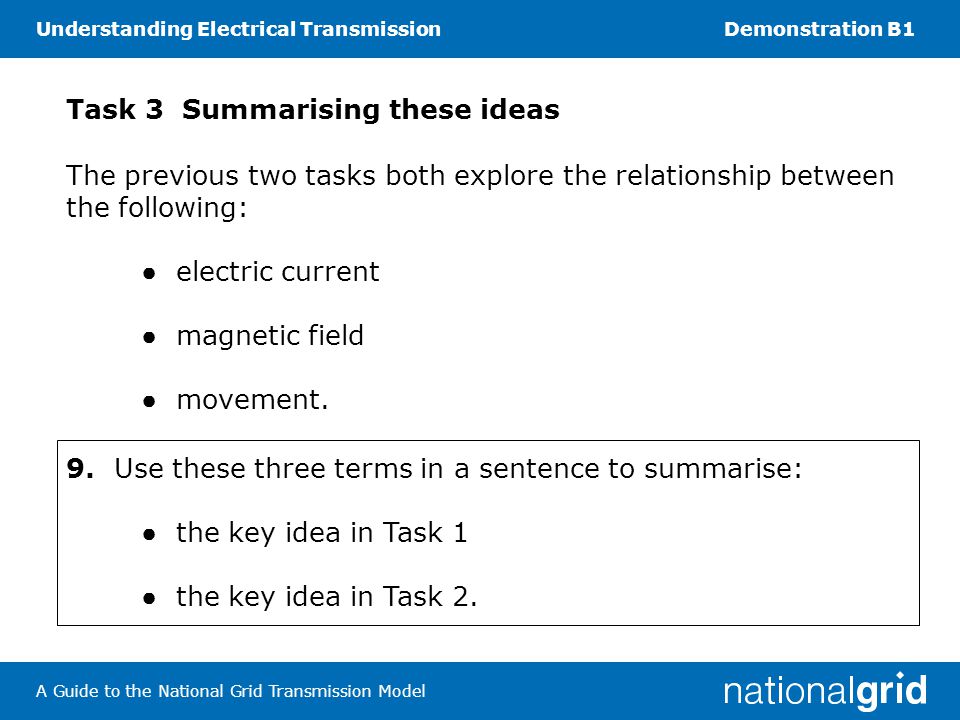 Understanding Electrical TransmissionDemonstration B1 A Guide to the National Grid Transmission Model Task 3 Summarising these ideas The previous two tasks both explore the relationship between the following: ● electric current ● magnetic field ● movement.