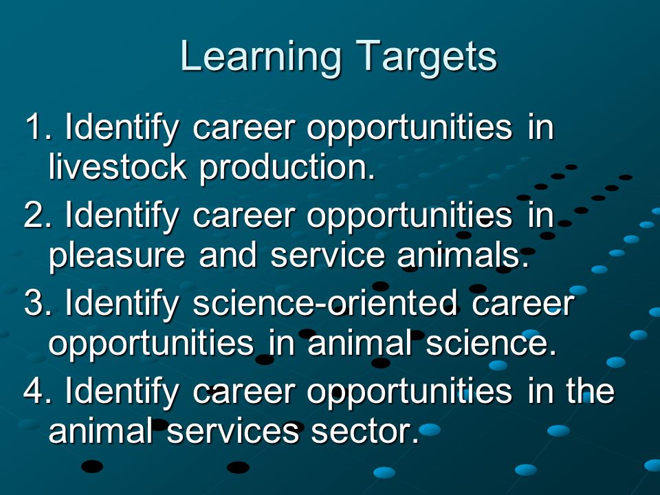 Learning Targets Learning Targets 1. Identify career opportunities in livestock production.