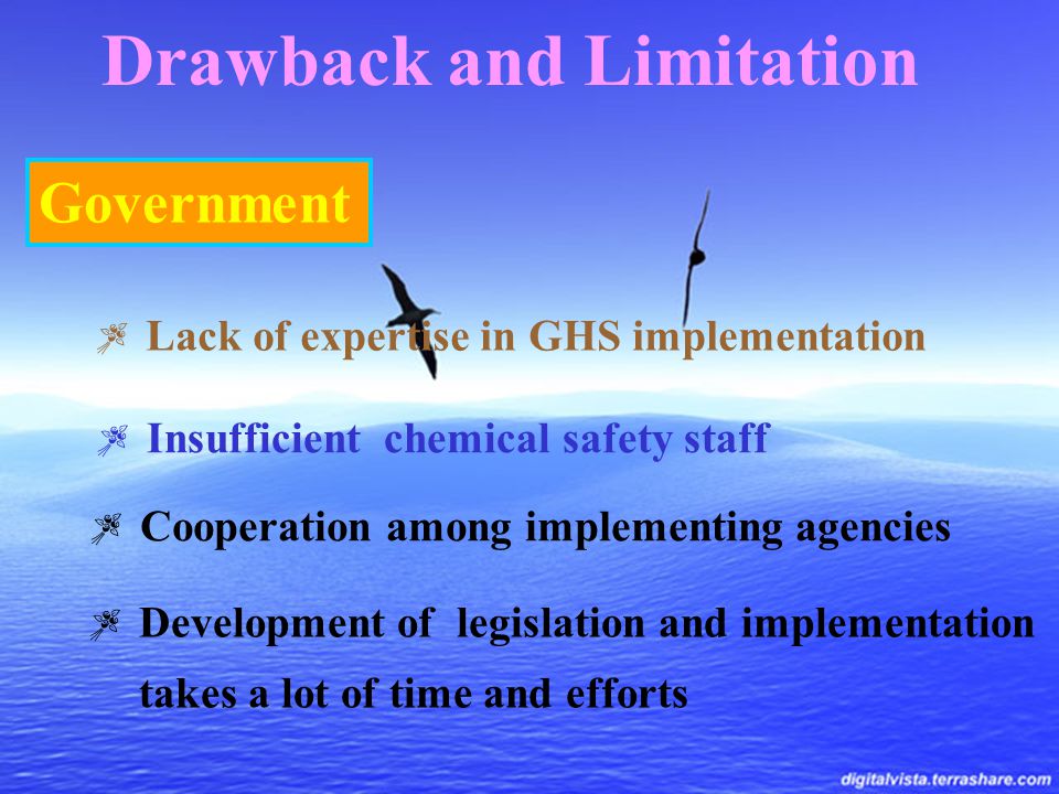 Drawback and Limitation Government  Lack of expertise in GHS implementation  Insufficient chemical safety staff  Cooperation among implementing agencies  Development of legislation and implementation takes a lot of time and efforts
