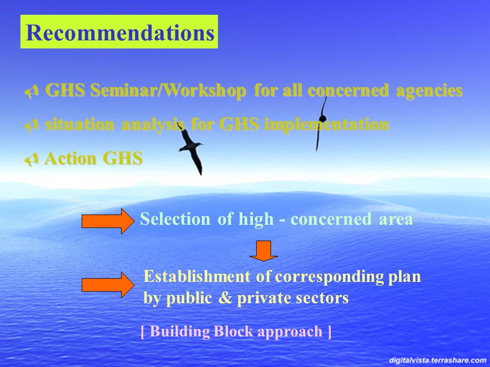 Recommendations  GHS Seminar/Workshop for all concerned agencies  situation analysis for GHS implementation  Action GHS Selection of high - concerned area Establishment of corresponding plan by public & private sectors [ Building Block approach ]