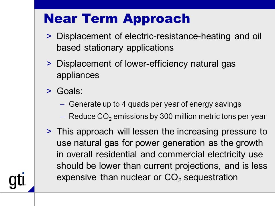 Near Term Approach >Displacement of electric-resistance-heating and oil based stationary applications >Displacement of lower-efficiency natural gas appliances >Goals: –Generate up to 4 quads per year of energy savings –Reduce CO 2 emissions by 300 million metric tons per year >This approach will lessen the increasing pressure to use natural gas for power generation as the growth in overall residential and commercial electricity use should be lower than current projections, and is less expensive than nuclear or CO 2 sequestration