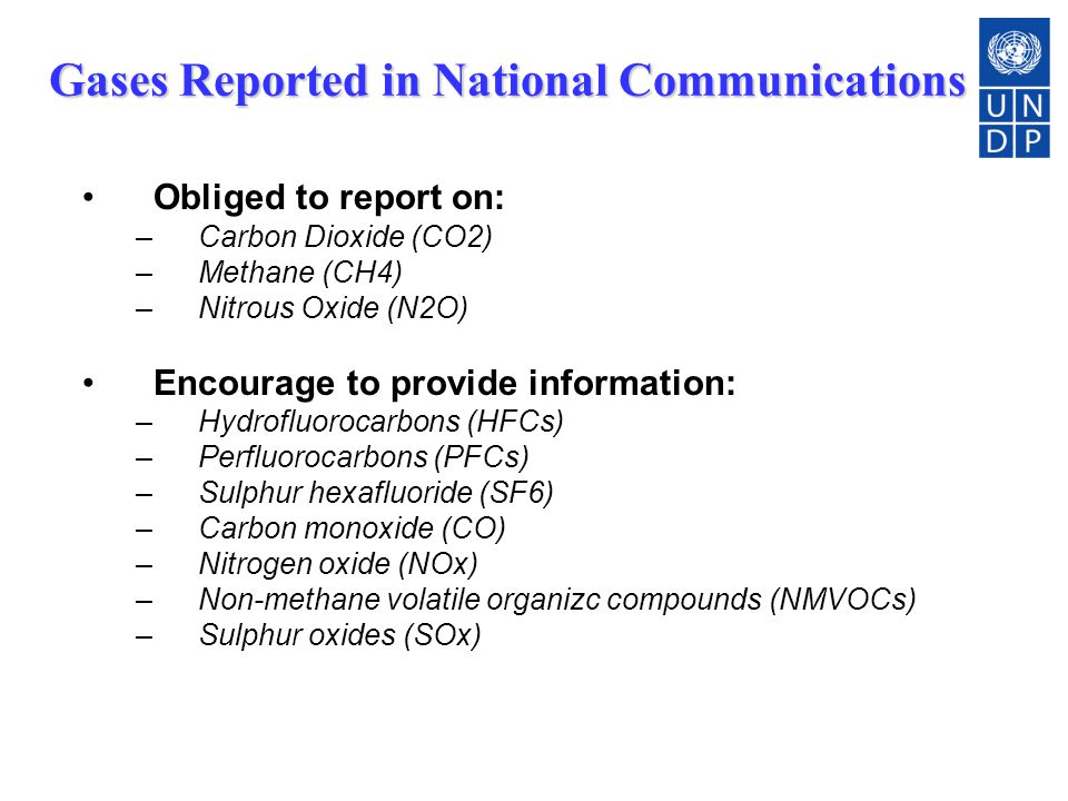 3 Gases Reported in National Communications Obliged to report on: –Carbon Dioxide (CO2) –Methane (CH4) –Nitrous Oxide (N2O) Encourage to provide information: –Hydrofluorocarbons (HFCs) –Perfluorocarbons (PFCs) –Sulphur hexafluoride (SF6) –Carbon monoxide (CO) –Nitrogen oxide (NOx) –Non-methane volatile organizc compounds (NMVOCs) –Sulphur oxides (SOx)