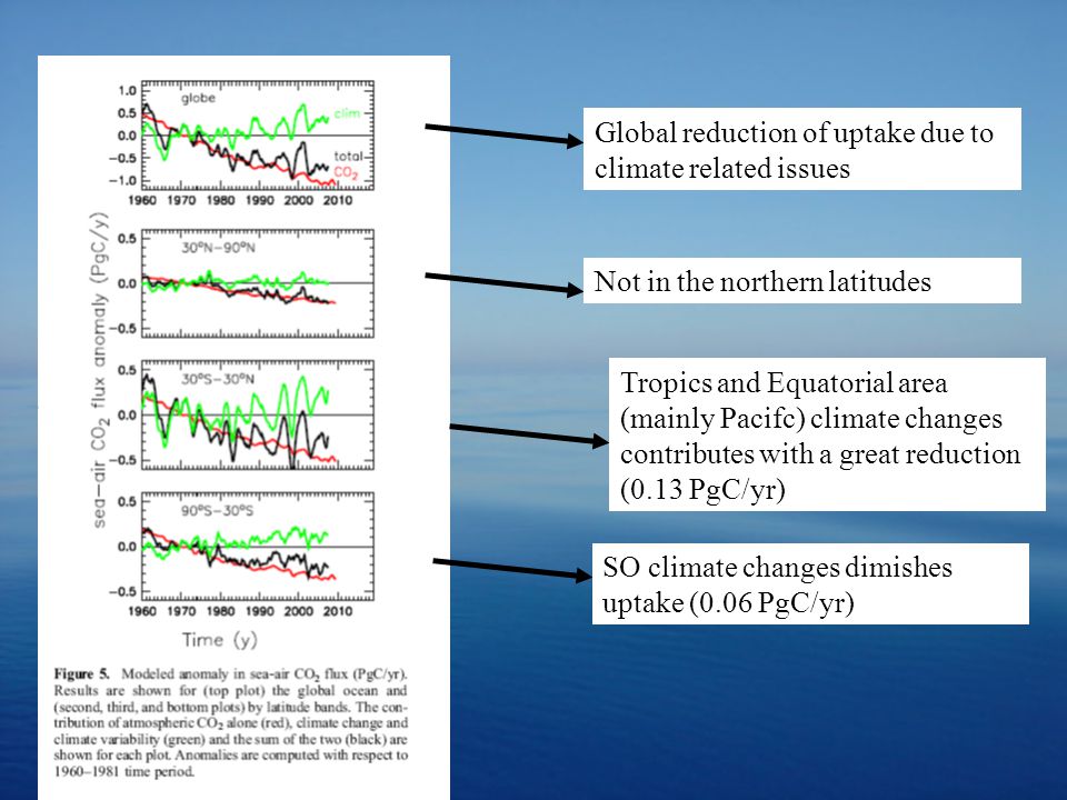 Global reduction of uptake due to climate related issues Not in the northern latitudes Tropics and Equatorial area (mainly Pacifc) climate changes contributes with a great reduction (0.13 PgC/yr) SO climate changes dimishes uptake (0.06 PgC/yr)