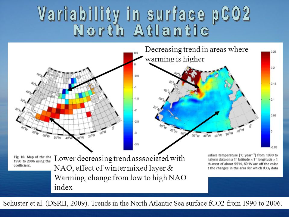 Decreasing trend in areas where warming is higher Lower decreasing trend asssociated with NAO, effect of winter mixed layer & Warming, change from low to high NAO index