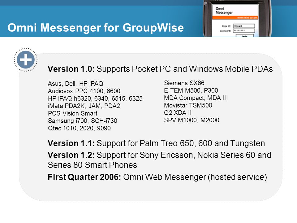 Version 1.0: Supports Pocket PC and Windows Mobile PDAs Version 1.1: Support for Palm Treo 650, 600 and Tungsten Version 1.2: Support for Sony Ericsson, Nokia Series 60 and Series 80 Smart Phones First Quarter 2006: Omni Web Messenger (hosted service) Asus, Dell, HP iPAQ Audiovox PPC 4100, 6600 HP iPAQ h6320, 6340, 6515, 6325 iMate PDA2K, JAM, PDA2 PCS Vision Smart Samsung i700, SCH-i730 Qtec 1010, 2020, 9090 Siemens SX66 E-TEM M500, P300 MDA Compact, MDA III Movistar TSM500 O2 XDA II SPV M1000, M2000 Omni Messenger for GroupWise