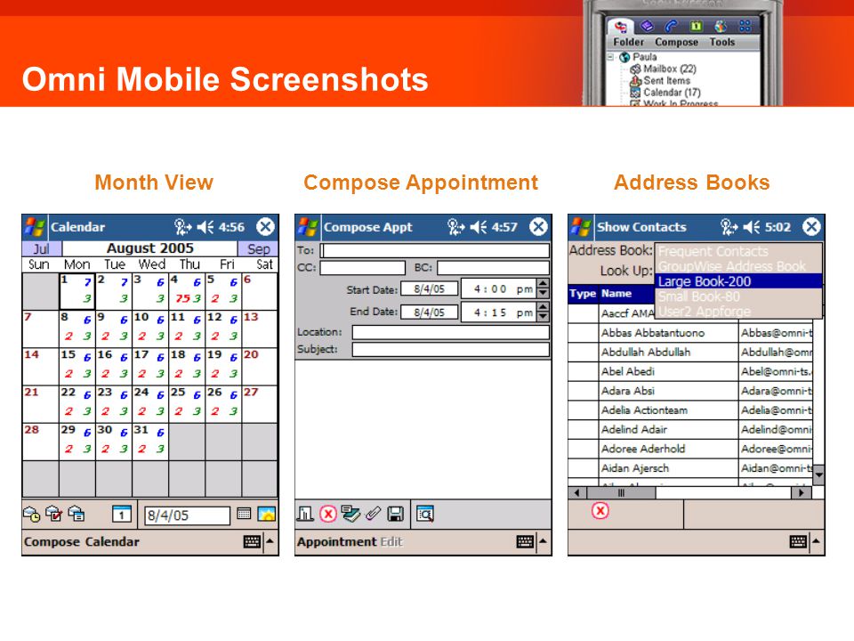 Omni Mobile Screenshots Month View Compose Appointment Address Books Omni Mobile: Month View, Compose Appointment, Address Books
