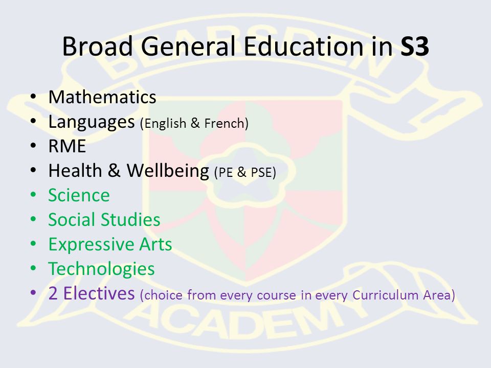 Broad General Education in S3 Mathematics Languages (English & French) RME Health & Wellbeing (PE & PSE) Science Social Studies Expressive Arts Technologies 2 Electives (choice from every course in every Curriculum Area)