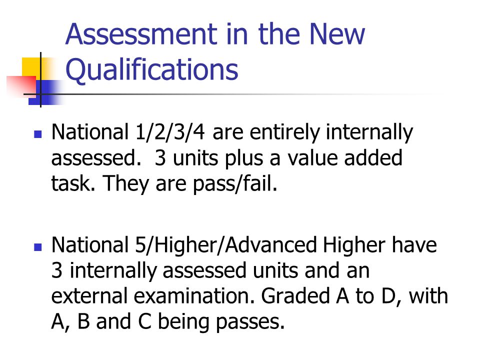 Assessment in the New Qualifications National 1/2/3/4 are entirely internally assessed.
