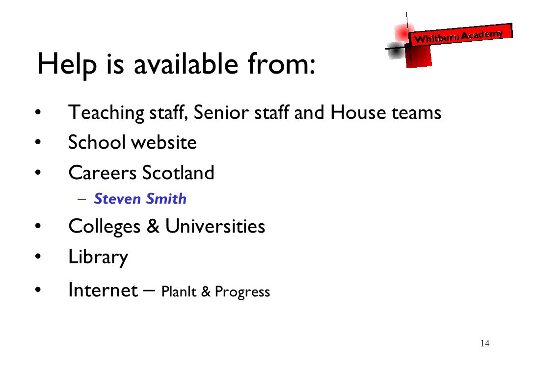 14 Help is available from: Teaching staff, Senior staff and House teams School website Careers Scotland –Steven Smith Colleges & Universities Library Internet – PlanIt & Progress