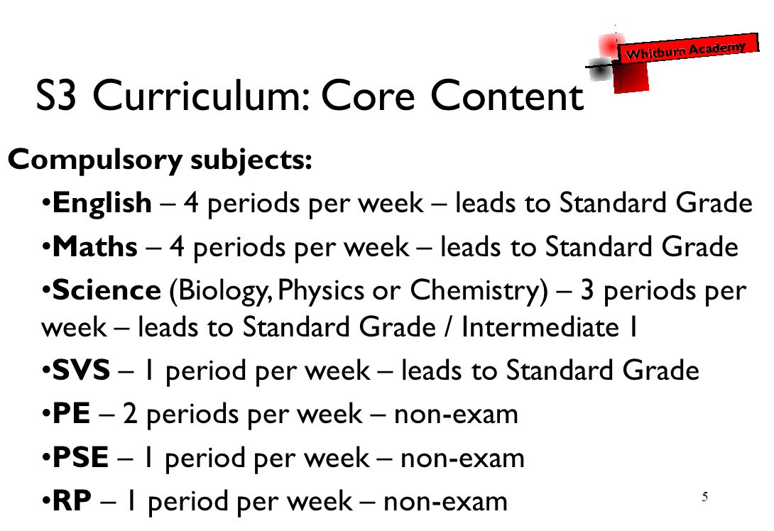 5 S3 Curriculum: Core Content Compulsory subjects: English – 4 periods per week – leads to Standard Grade Maths – 4 periods per week – leads to Standard Grade Science (Biology, Physics or Chemistry) – 3 periods per week – leads to Standard Grade / Intermediate 1 SVS – 1 period per week – leads to Standard Grade PE – 2 periods per week – non-exam PSE – 1 period per week – non-exam RP – 1 period per week – non-exam