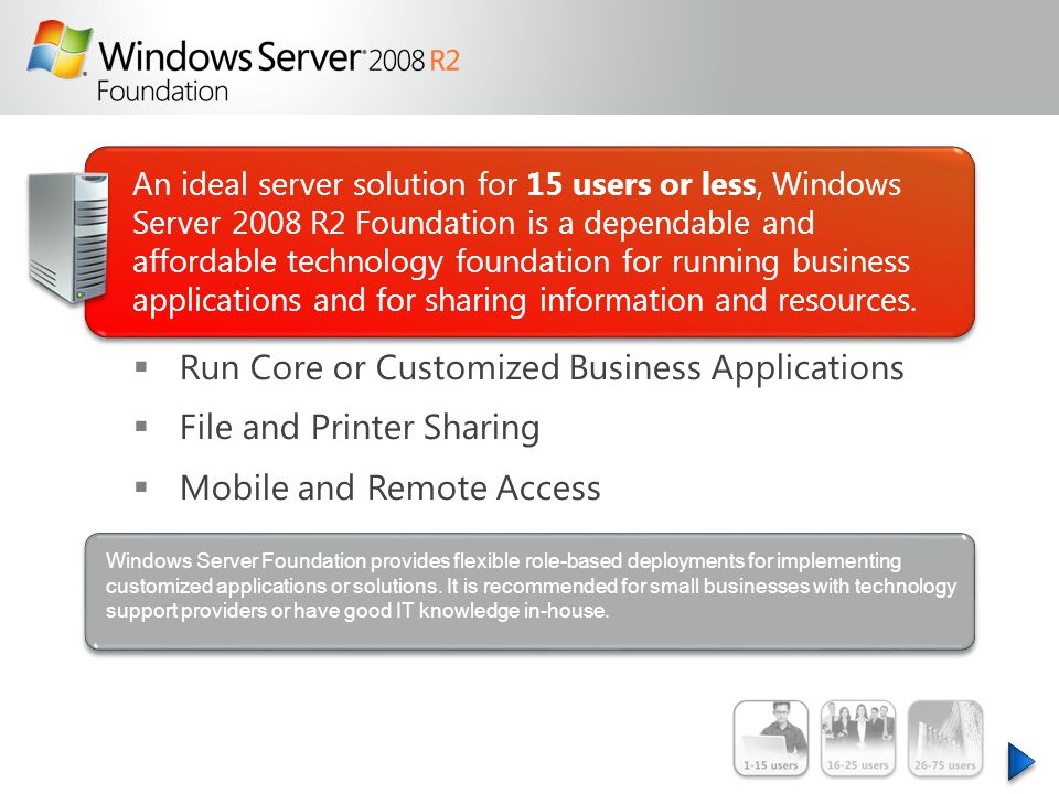 An ideal server solution for 15 users or less, Windows Server 2008 R2 Foundation is a dependable and affordable technology foundation for running business applications and for sharing information and resources.