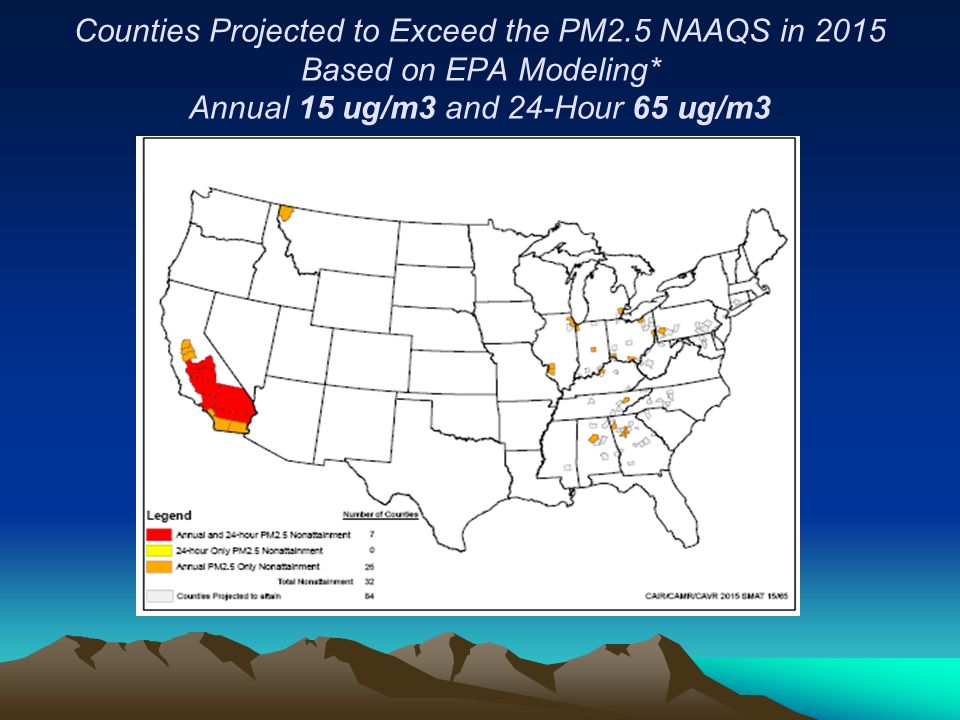 Counties Projected to Exceed the PM2.5 NAAQS in 2015 Based on EPA Modeling* Annual 15 ug/m3 and 24-Hour 65 ug/m3