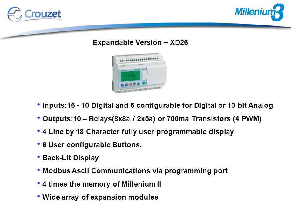Inputs: Digital and 6 configurable for Digital or 10 bit Analog Outputs:10 – Relays(8x8a / 2x5a) or 700ma Transistors (4 PWM) 4 Line by 18 Character fully user programmable display 6 User configurable Buttons.