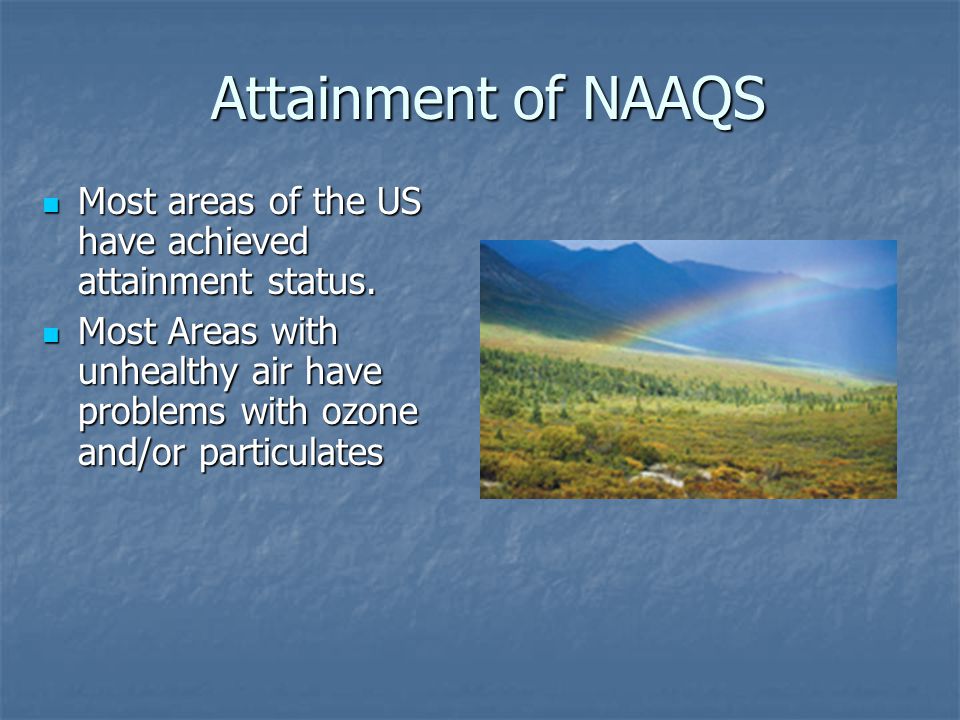 Attainment of NAAQS Most areas of the US have achieved attainment status.